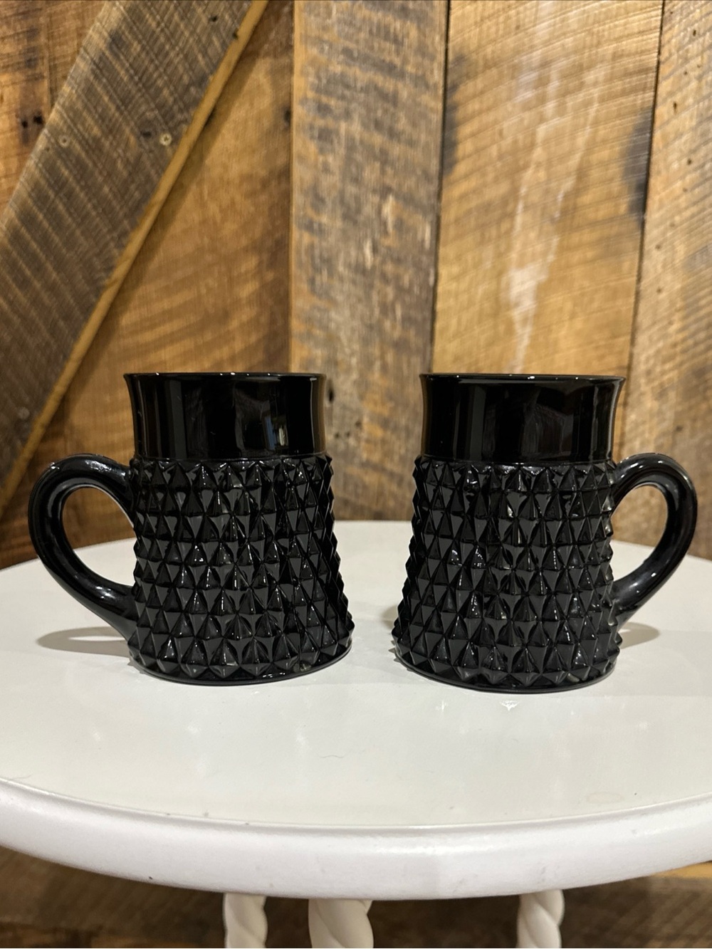 Vintage Indiana Tiara Black Glass Diamond Point Coffee Cups/Mugs 70s Set of 2